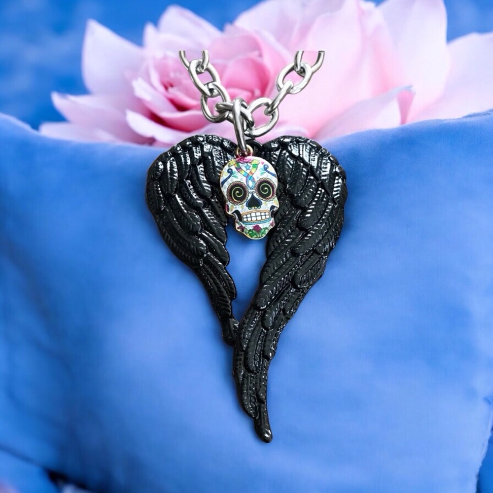 🆕 3D Angel Wings and Sugar Skull Pendant Necklace Alloy/Stainless Steel